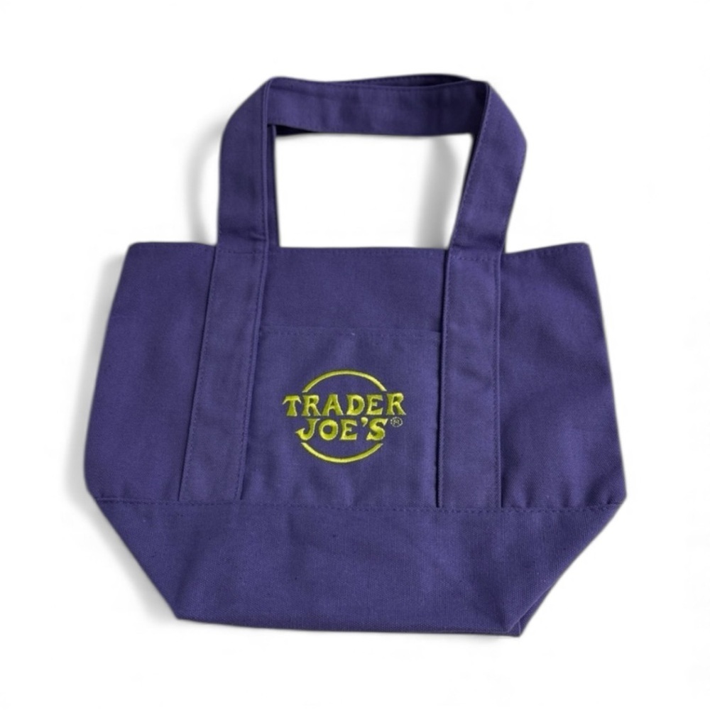 Trader Joe's Viral Purple Canvas Tote Bag, Blue with Green Embroidered Logo.